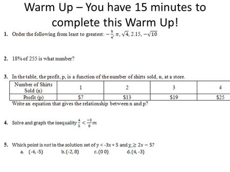 Warm Up – You have 15 minutes to complete this Warm Up!