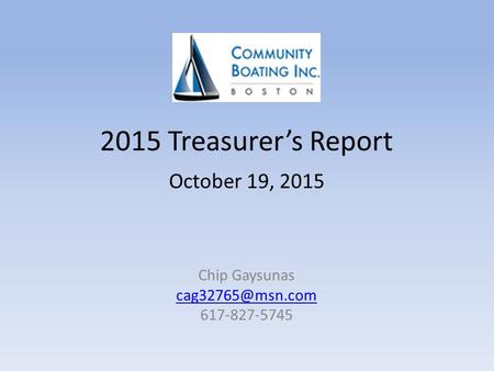 2015 Treasurer’s Report October 19, 2015 Chip Gaysunas 617-827-5745.