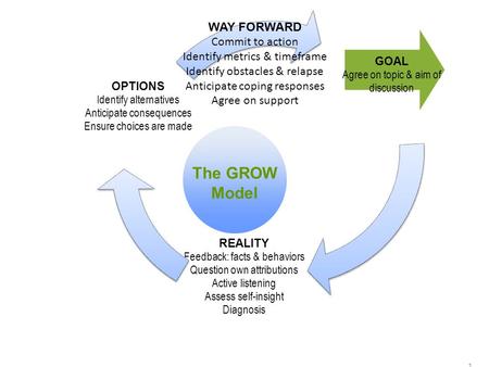 1 GOAL Agree on topic & aim of discussion REALITY Feedback: facts & behaviors Question own attributions Active listening Assess self-insight Diagnosis.