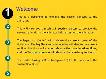 Welcome This is a document to explains the chosen concept to the animator. This will take you through a 5 section process to provide the necessary details.