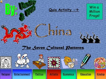 The Seven Cultural Patterns EntertainmentEducationReligionKinshipPoliticsEconomicsArtistic Win a Million Frogs! Quia Activity - 