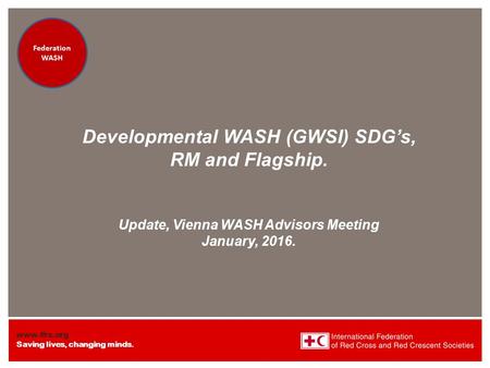 Www.ifrc.org Saving lives, changing minds. Federation Health WatSan/EH Federation Health WatSan/EH Developmental WASH (GWSI) SDG’s, RM and Flagship. Update,