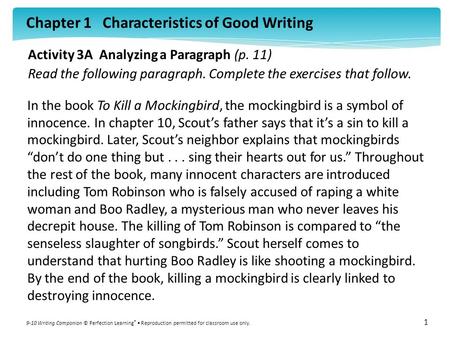 Chapter 1 Characteristics of Good Writing 9-10 Writing Companion © Perfection Learning ® Reproduction permitted for classroom use only. 1 Activity 3A Analyzing.