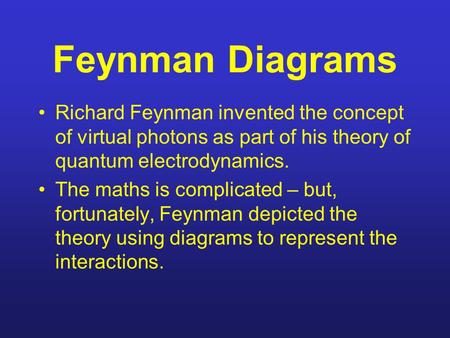 Feynman Diagrams Richard Feynman invented the concept of virtual photons as part of his theory of quantum electrodynamics. The maths is complicated – but,