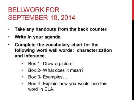 BELLWORK FOR SEPTEMBER 18, 2014 Take any handouts from the back counter. Write in your agenda. Complete the vocabulary chart for the following word wall.