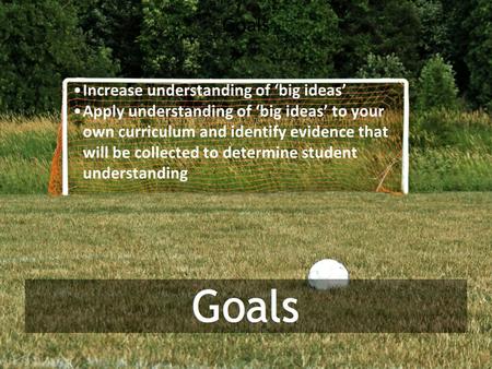 Goals Increase understanding of ‘big ideas’ Apply understanding of ‘big ideas’ to your own curriculum and identify evidence that will be collected to determine.