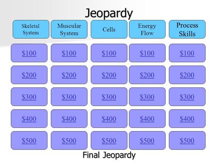 Jeopardy $100 Skeletal System Muscular System Cells Energy Flow Process Skills $200 $300 $400 $500 $400 $300 $200 $100 $500 $400 $300 $200 $100 $500 $400.