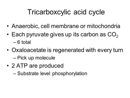 Tricarboxcylic acid cycle Anaerobic, cell membrane or mitochondria Each pyruvate gives up its carbon as CO 2 –6 total Oxaloacetate is regenerated with.