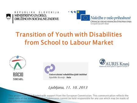 Transition of Youth with Disabilities from School to Labour Market Ljubljana, 11. 10. 2013 This project has been funded with support from the European.