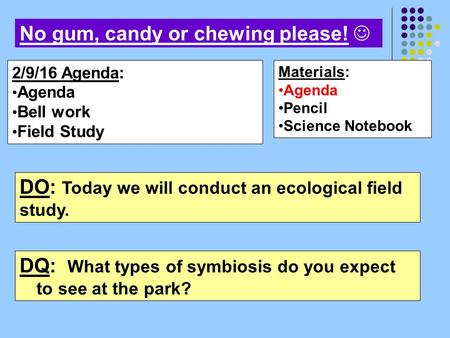 Materials: Agenda Pencil Science Notebook 2/9/16 Agenda: Agenda Bell work Field Study No gum, candy or chewing please! DO: Today we will conduct an ecological.