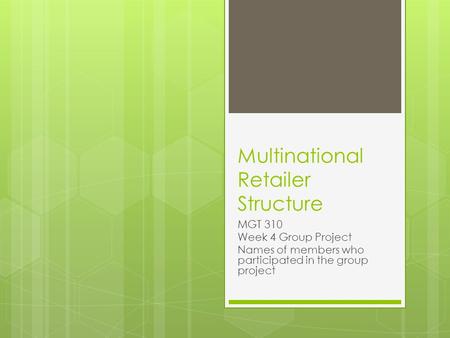 Multinational Retailer Structure MGT 310 Week 4 Group Project Names of members who participated in the group project.