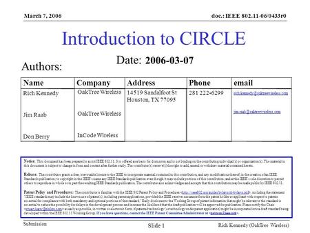 Doc.: IEEE 802.11-06/0433r0 Submission March 7, 2006 Rich Kennedy (OakTree Wireless) Slide 1 Introduction to CIRCLE Notice: This document has been prepared.