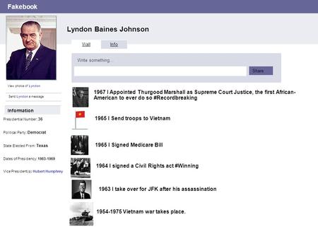 Fakebook Lyndon Baines Johnson View photos of Lyndon Send Lyndon a message Wall Info Write something… Share Information Presidential Number: 36 Political.