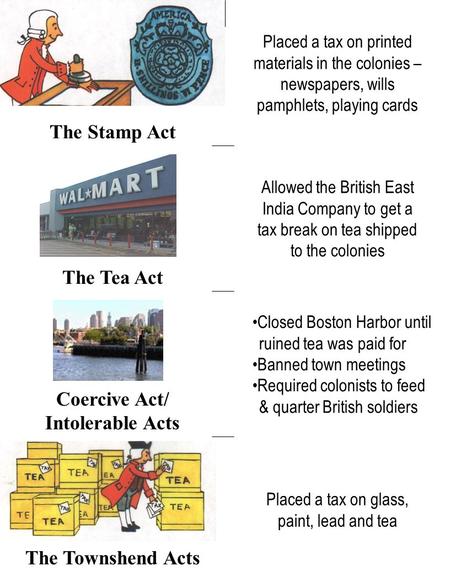 Placed a tax on printed materials in the colonies – newspapers, wills pamphlets, playing cards The Stamp Act Allowed the British East India Company to.