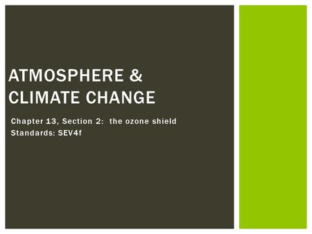 Chapter 13, Section 2: the ozone shield Standards: SEV4f ATMOSPHERE & CLIMATE CHANGE.