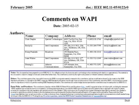 Doc.: IEEE 802.11-05/0122r0 Submission February 2005 DraftSlide 1 Comments on WAPI Date: 2005-02-15 Notice: This document has been prepared to assist IEEE.