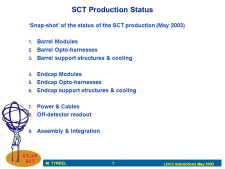 M. TYNDEL 1 LHCC Interactions May 2003 ATLAS SCT SCT Production Status ‘Snap-shot’ of the status of the SCT production (May 2003) 1. Barrel Modules 2.