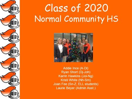 Class of 2020 Normal Community HS Addie Ince (A-Di) Ryan Short (Dj-Joh) Karrin Hawkins (Joi-Ng) Kristi White (Nh-Sm) Joan Fee (Sn-Z, ELL students) Laurie.