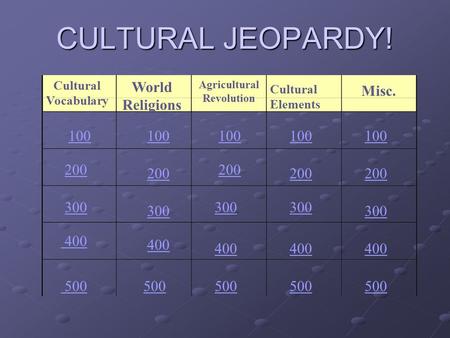 CULTURAL JEOPARDY! Cultural Vocabulary World Religions Agricultural Revolution Cultural Elements Misc. 100 200 300 400 500 100 200 300 400 500.