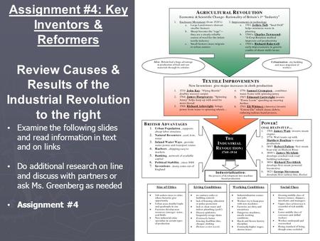 Assignment #4: Key Inventors & Reformers Review Causes & Results of the Industrial Revolution to the right Examine the following slides and read information.