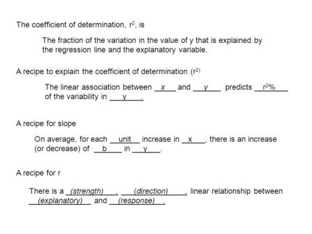 The coefficient of determination, r 2, is The fraction of the variation in the value of y that is explained by the regression line and the explanatory.