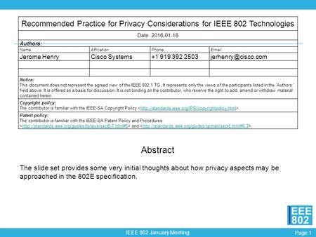 Page 1 IEEE 802 January Meeting EEE 802 Recommended Practice for Privacy Considerations for IEEE 802 Technologies Date: 2016-01-18 Authors: NameAffiliationPhoneEmail.