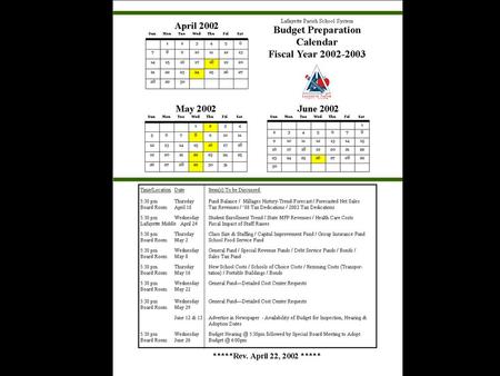 Budget Preparation Calendar. Budget Workshop Agenda for April 24, 2002.