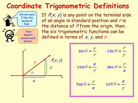 Coordinate Trigonometric Definitions If P(x, y) is any point on the terminal side of an angle in standard position and r is the distance of P from the.