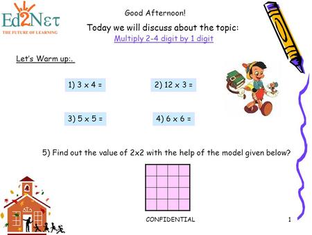 CONFIDENTIAL1 Today we will discuss about the topic: Multiply 2-4 digit by 1 digit Good Afternoon! Let’s Warm up:. 1) 3 x 4 =2) 12 x 3 = 5) Find out the.