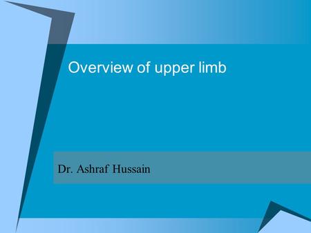 Overview of upper limb Dr. Ashraf Hussain. Upper limb  Associated with lateral aspect of the lower portion of neck and thoracic wall  Suspended from.