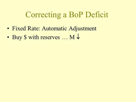 Correcting a BoP Deficit Fixed Rate: Automatic Adjustment Buy $ with reserves … M 