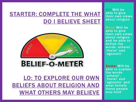 All: Will be able to give their own views about religion Most: Will be able to give their own views about religion and be able to define the words ‘atheist’,