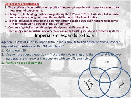 Imperialism expands to India Unit Enduring Understandings 1. The motives of competition and profit often prompt people and groups to expand into new areas.