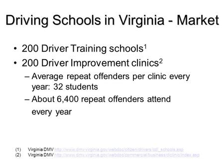 Driving Schools in Virginia - Market 200 Driver Training schools 1 200 Driver Improvement clinics 2 –Average repeat offenders per clinic every year: 32.