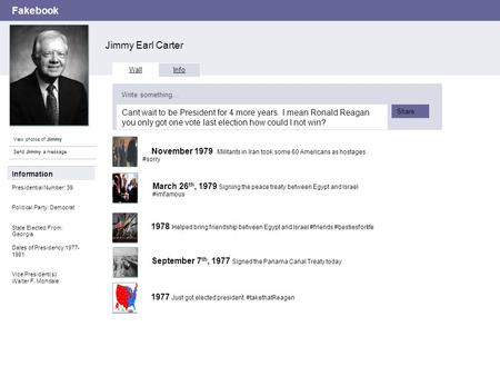 Fakebook Jimmy Earl Carter View photos of Jimmy Send Jimmy a message Wall Info Cant wait to be President for 4 more years. I mean Ronald Reagan you only.