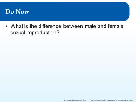 Permission granted to reproduce for educational use only.© Goodheart-Willcox Co., Inc. What is the difference between male and female sexual reproduction?