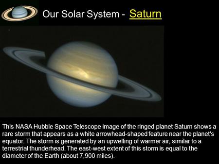 Our Solar System - Saturn This NASA Hubble Space Telescope image of the ringed planet Saturn shows a rare storm that appears as a white arrowhead-shaped.