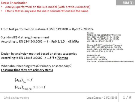 Luca Dassa – 23/03/2015 1 / 9 CRAB cavities meeting Stress linearization Analysis performed on the sub-model (with previous remarks) I think that in any.