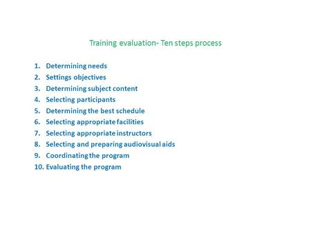 Training evaluation- Ten steps process 1.Determining needs 2.Settings objectives 3.Determining subject content 4.Selecting participants 5.Determining the.