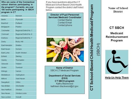 Name of School District CT SBCH Medicaid Reimbursement Program If you have questions about the CT Medicaid School Based Child Health Program contact the.