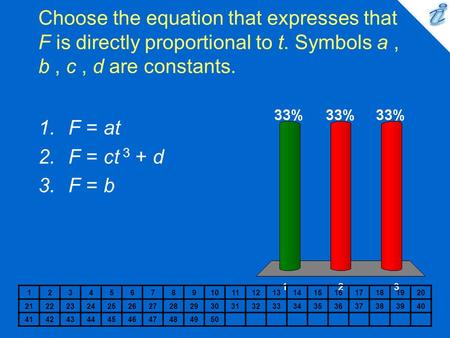 Choose the equation that expresses that F is directly proportional to t. Symbols a, b, c, d are constants. 1234567891011121314151617181920 2122232425262728293031323334353637383940.