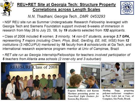 NSF REU site run as Summer Undergraduate Research Fellowship leveraged with Georgia Tech and Siemens Foundation support involved 8-weeks of immersion in.