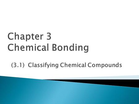 (3.1) Classifying Chemical Compounds. Atoms can combine to form compounds of two bond types: Intramolecular – within the molecule  Ionic  Covalent ◦