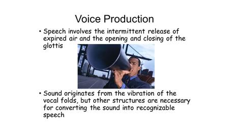 Voice Production Speech involves the intermittent release of expired air and the opening and closing of the glottis Sound originates from the vibration.