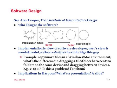 Duke CPS 108 31. 1 Software Design See Alan Cooper, The Essentials of User Interface Design l who designs the software? l Implementation is view of software.