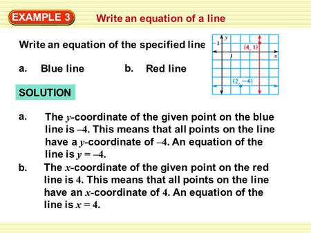 SOLUTION EXAMPLE 3 Write an equation of a line Write an equation of the specified line. The y- coordinate of the given point on the blue line is –4. This.