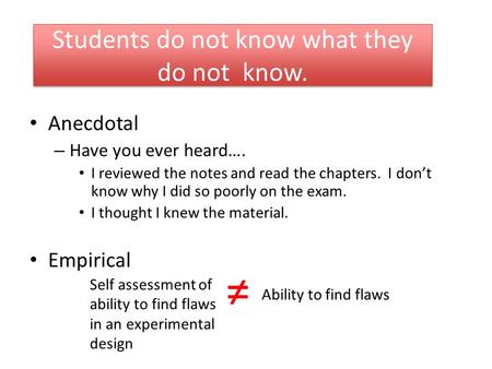 Students do not know what they do not know. Anecdotal – Have you ever heard…. I reviewed the notes and read the chapters. I don’t know why I did so poorly.