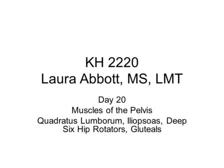 KH 2220 Laura Abbott, MS, LMT Day 20 Muscles of the Pelvis Quadratus Lumborum, Iliopsoas, Deep Six Hip Rotators, Gluteals.