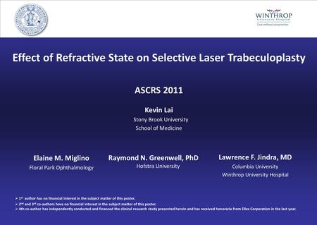 Effect of Refractive State on Selective Laser Trabeculoplasty ASCRS 2011 Kevin Lai Stony Brook University School of Medicine Elaine M. Miglino Floral Park.