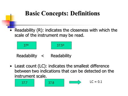 Basic Concepts: Definitions Readability (R): indicates the closeness with which the scale of the instrument may be read.Readability (R): indicates the.